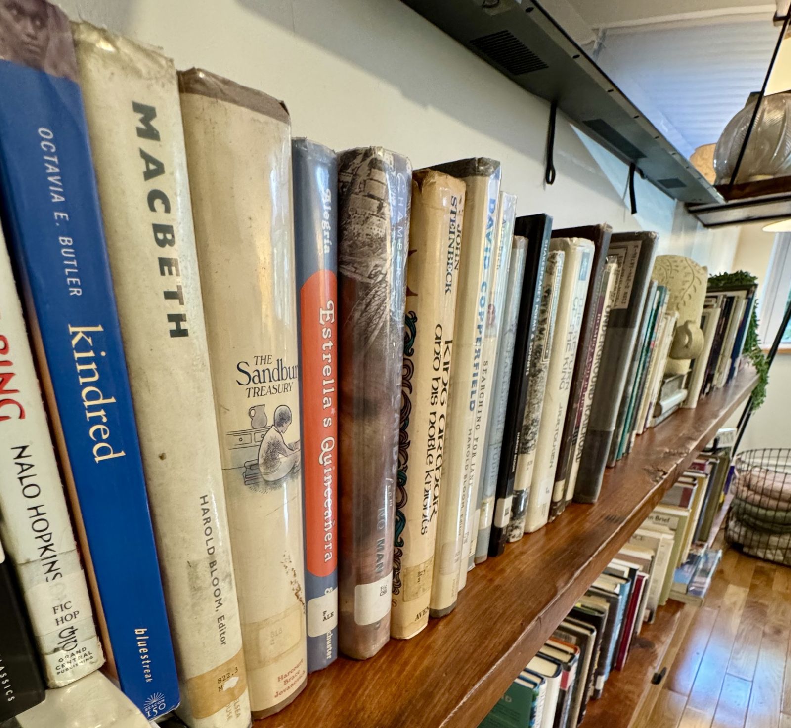 Close view of book spines with library stickers, including Kindred, Macbeth and The Sandburg Treasury